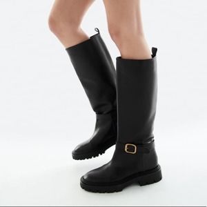ZARA FLAT LEATHER KNEE HIGH BOOTS WITH BUCKLE